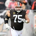 CLEVELAND, OHIO - NOVEMBER 30: Guard Joel Bitonio #75 of the Cleveland Browns celebrates during player introductions before the game against the San Francisco 49ers at Huntington Bank Field on November 30, 2025 in Cleveland, Ohio. The 49ers defeated the Browns 26-8. (Photo by Jason Miller/Getty Images)
