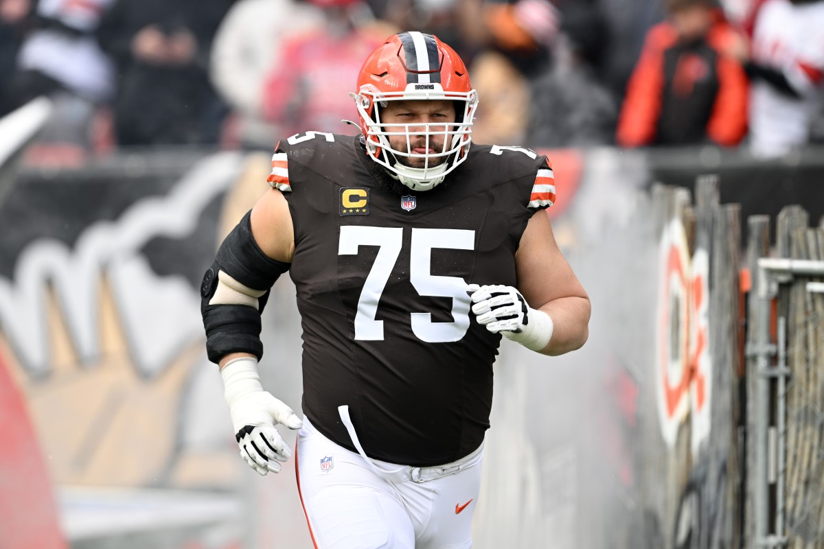 CLEVELAND, OHIO - NOVEMBER 30: Guard Joel Bitonio #75 of the Cleveland Browns celebrates during player introductions before the game against the San Francisco 49ers at Huntington Bank Field on November 30, 2025 in Cleveland, Ohio. The 49ers defeated the Browns 26-8. (Photo by Jason Miller/Getty Images)