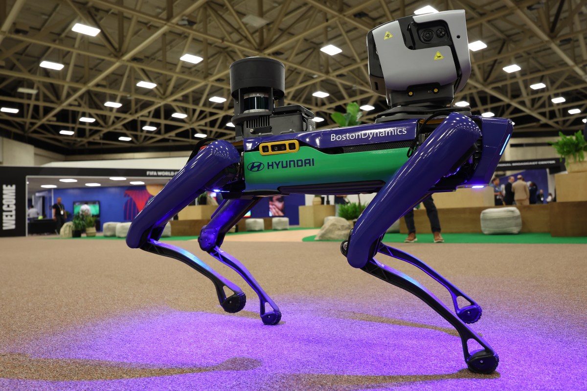 Spot, the robotic security dog made by Boston Dynamics, walks inside the International Broadcast Center on June 01, 2026 in Dallas, Texas.