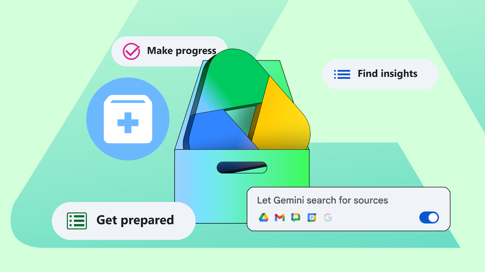 Ícones do Google Docs flutuando ao redor do logotipo da Gemini.