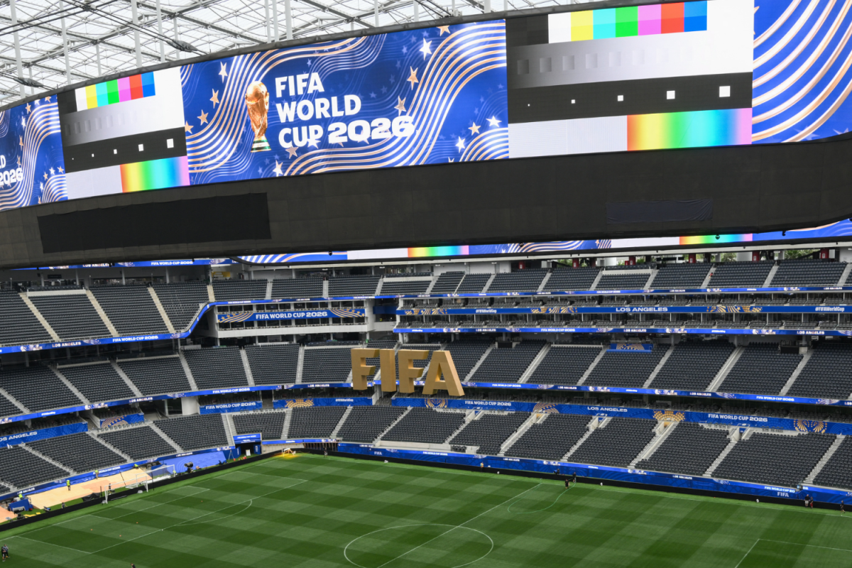 The fully installed grass pitch is seen at Los Angeles Stadium (temporarily renamed from SoFi Stadium) ahead of the 2026 FIFA World Cup in Los Angeles on June 7, 2026.