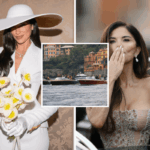 Dua Lipa (L) on her wedding day in London, England on May 31, 2026; inset, guests arriving at Kourtney Kardashian and Travis Barker's wedding in Portofino, Italy in 2022; and Lauren and Jeff Bezos in Venice, Italy in 2025.