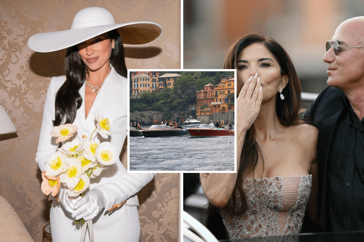 Dua Lipa (L) on her wedding day in London, England on May 31, 2026; inset, guests arriving at Kourtney Kardashian and Travis Barker's wedding in Portofino, Italy in 2022; and Lauren and Jeff Bezos in Venice, Italy in 2025.