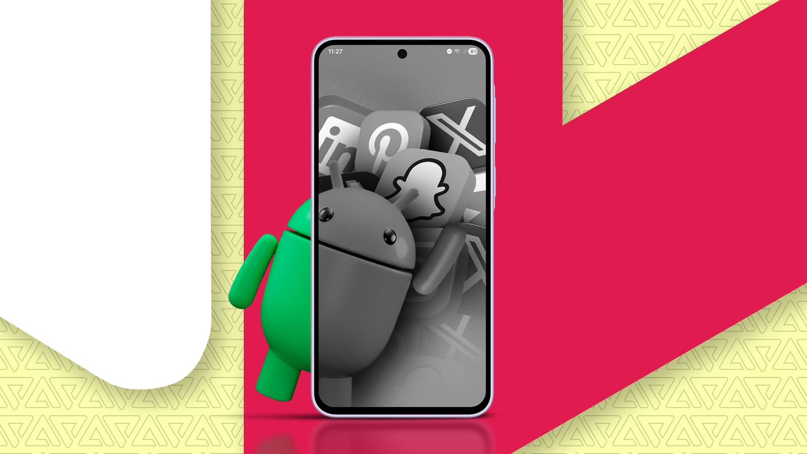 Mascote do Android entre caixas de papelão etiquetadas para aplicativos, capturas de tela, notificações e distrações, em frente à tela de um smartphone, com uma vassoura apoiada nas caixas.