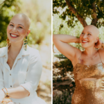 From left: Tegan Kline stands outside smiling in a white shirt; and in a gold dress.