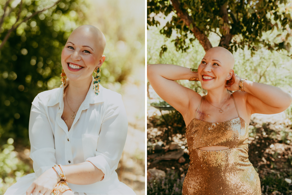 From left: Tegan Kline stands outside smiling in a white shirt; and in a gold dress.