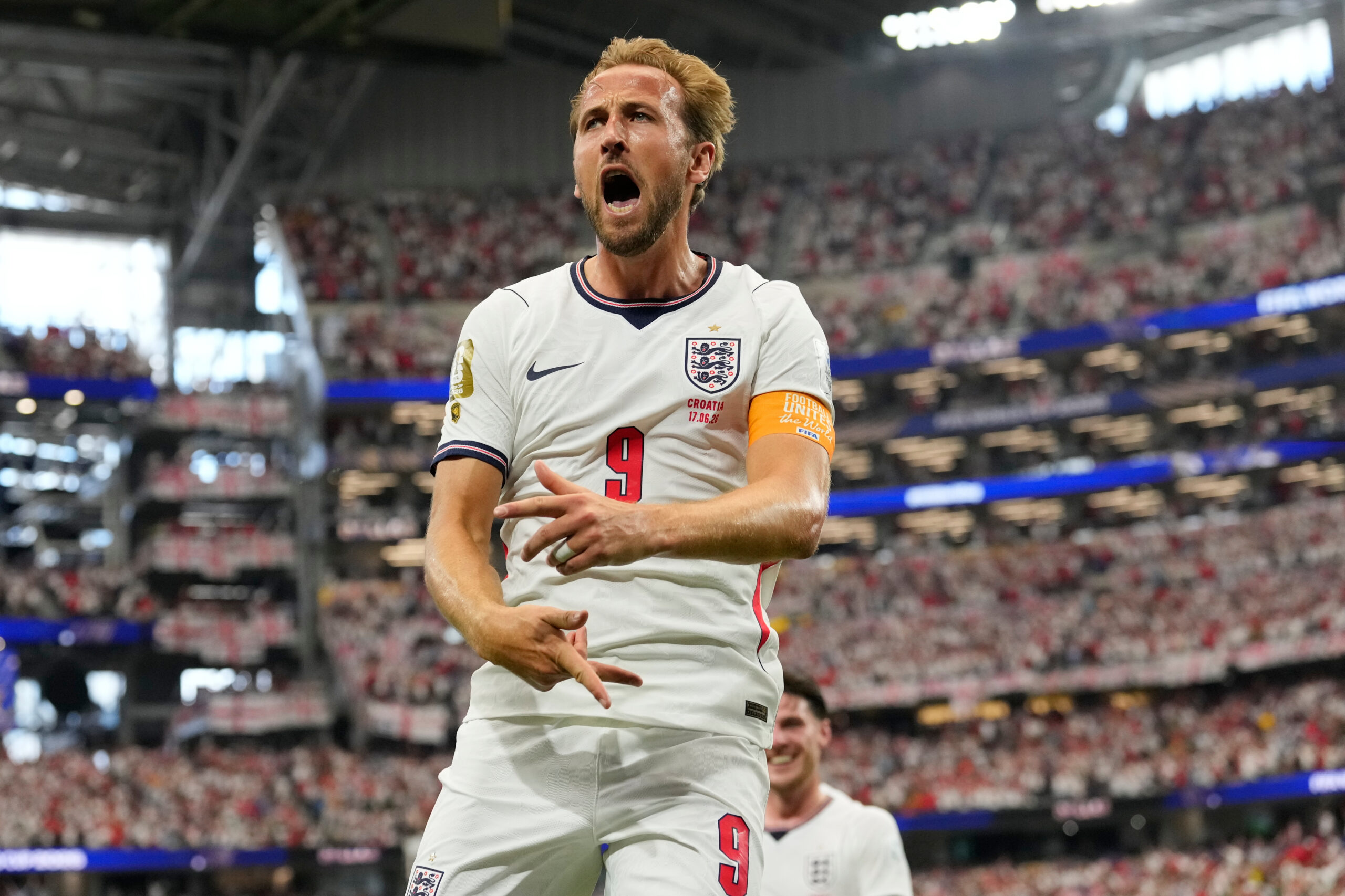 O inglês Harry Kane (9) comemora após marcar um gol durante a partida de futebol do Grupo L da Copa do Mundo entre Inglaterra e Croácia em Arlington, Texas, perto de Dallas, quarta-feira, 17 de junho de 2026.