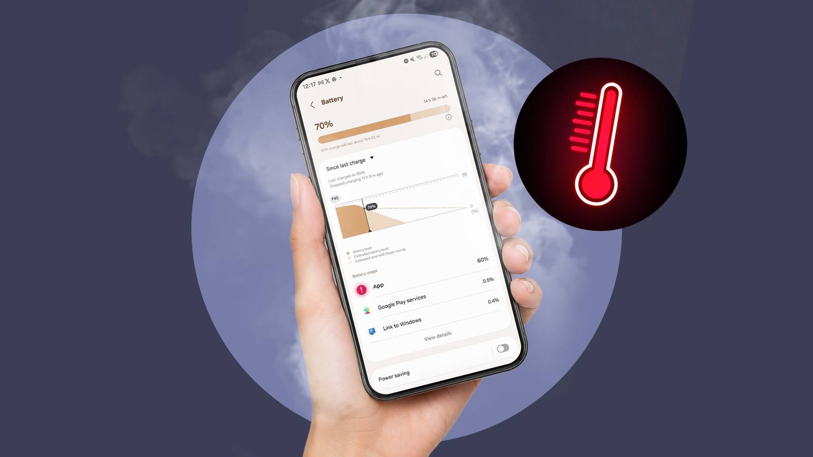 Um smartphone azul, o ícone do aplicativo Battery Guru e uma bateria 3D em um fundo geométrico vermelho e verde.