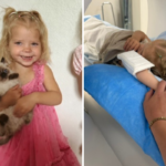 Adalae smiling while holding a kitten. Holding her mother's hand as she gets an MRI.