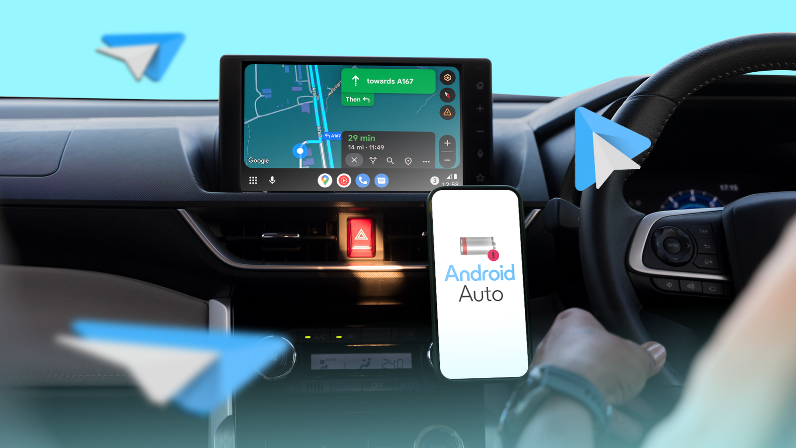 Motorista usando a navegação do Android Auto no painel de um carro