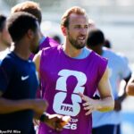Harry Kane, da Inglaterra, durante um treino da Copa do Mundo em Kansas City, Missouri, em 13 de junho de 2026