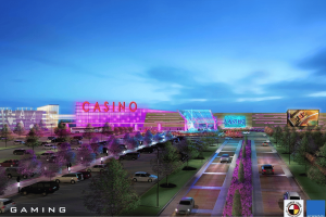 Renderização do conceito do Lumbee Dark Water Resort e complexo de cassino planejado pela Tribo Lumbee no Condado de Robeson, Carolina do Norte. Eleitores de Lumbee rejeitam emenda aos jogos que encerram o debate sobre cassinos por enquanto na Carolina do Norte