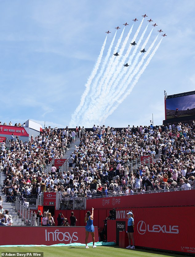 As quartas de final de Emma Raducanu no Queen's foram interrompidas inesperadamente depois que o rugido dos jatos Trooping the Color trovejou acima e forçou o jogo a parar