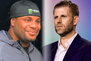 Daniel Cormier e Eric Trump fotografados lado a lado em meio à controvérsia viral da captura de tela das apostas no UFC Freedom 250, já que ambos negam publicamente supostas mensagens privadas sobre lesões de lutadores e lutas fraudulentas.