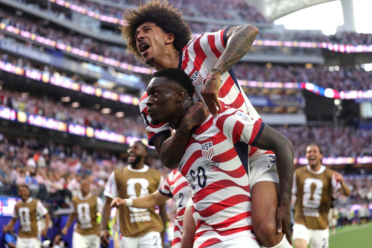 LOS ANGELES, CALIFORNIA - JUNE 12: Folarin Balogun #20 of the United States celebrates scoring his team's third goal during the FIFA World Cup 2026 Group D match between USA and Paraguay at Los Angeles Stadium on June 12, 2026 in Los Angeles, California. (Photo by Richard Heathcote/Getty Images)