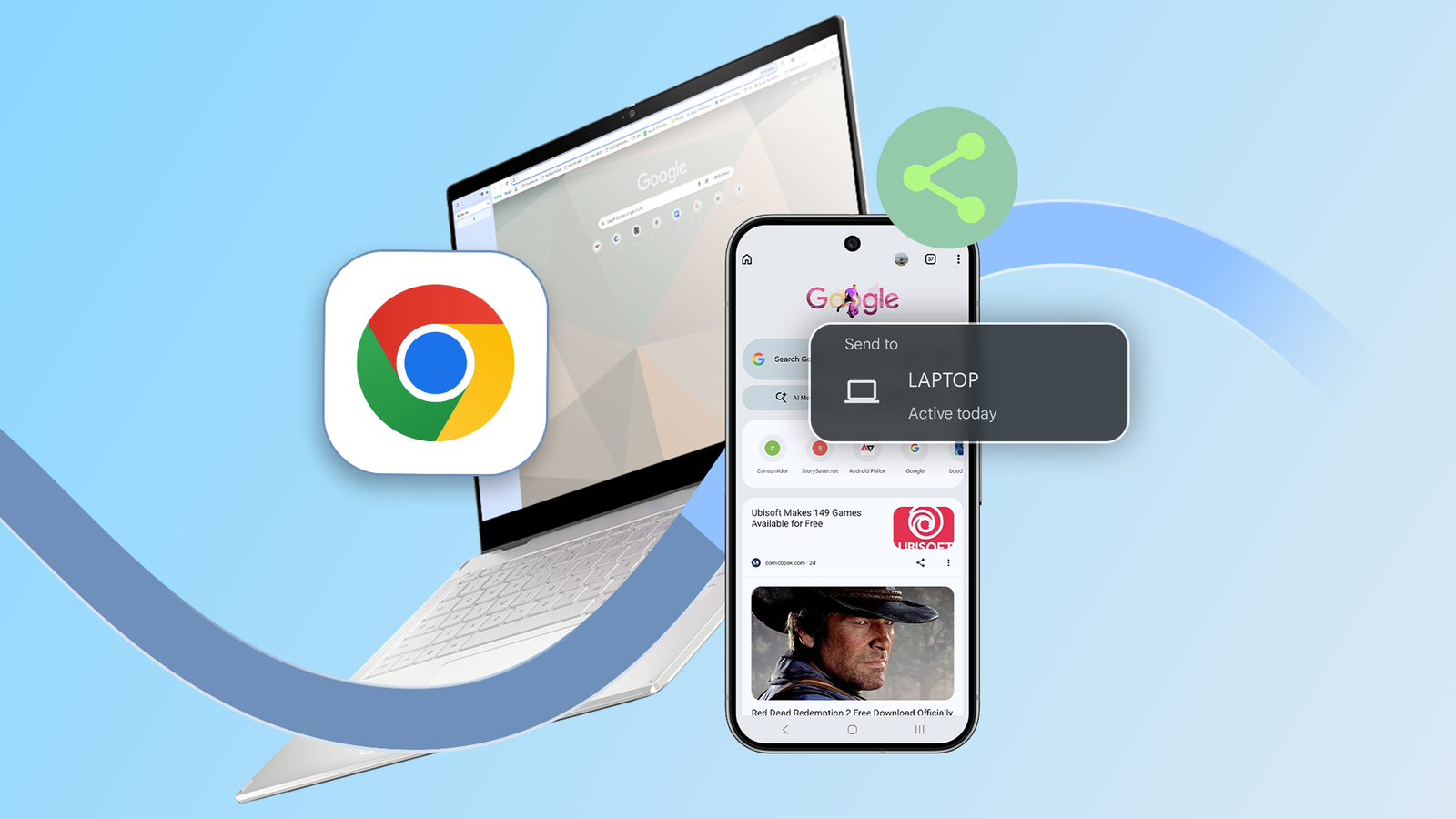 Logotipo do Google Chrome vestindo uma capa vermelha de super-herói, voando contra um céu azul com raios.