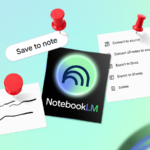 Mulher usando o NotebookLM no telefone com ícones para anotações de voz, planejamento de refeições e ideias organizadas