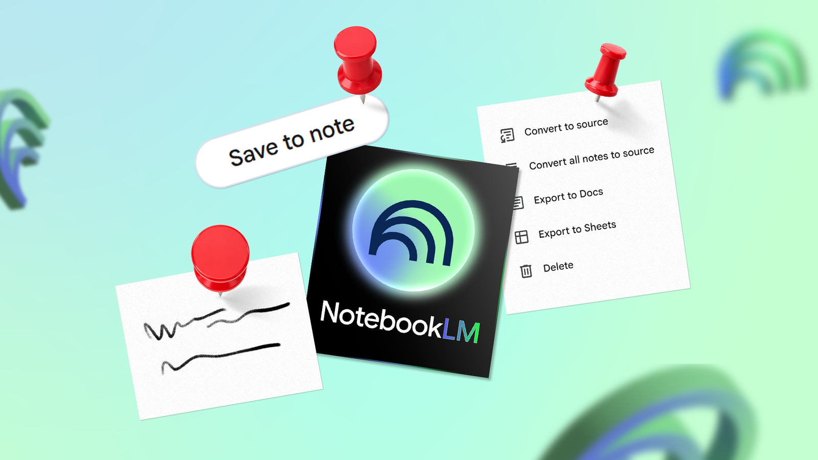 Mulher usando o NotebookLM no telefone com ícones para anotações de voz, planejamento de refeições e ideias organizadas