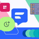 Smartphone estilizado com balões flutuantes de bate-papo do Mensagens do Google, um ícone de videochamada e uma onda de áudio, contra um fundo gradiente com o texto RCS