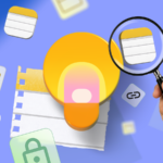 Colagem mostrando mãos segurando um smartphone, conectadas a listas de verificação flutuantes do Google Keep, notas e etiquetas coloridas contra um fundo amarelo.
