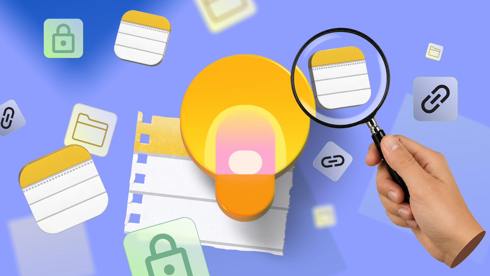 Colagem mostrando mãos segurando um smartphone, conectadas a listas de verificação flutuantes do Google Keep, notas e etiquetas coloridas contra um fundo amarelo.