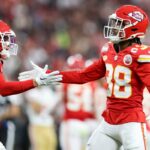 LAS VEGAS, NV - FEBRUARY 11: L'Jarius Sneed #38 celebrates with Trent McDuffie #22 of the Kansas City Chiefs during Super Bowl LVIII against the San Francisco 49ers at Allegiant Stadium on February 11, 2024 in Las Vegas, NV. (Photo by Perry Knotts/Getty Images)