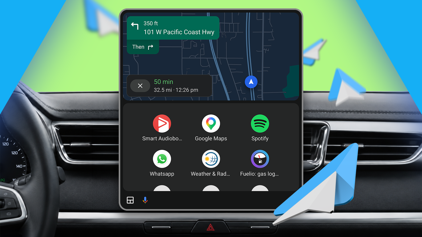 Motorista usando a navegação do Android Auto no painel de um carro