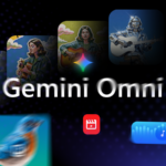 Uma mulher sentada em um sofá usando o telefone, cercada pelos logotipos do Gmail, Drive, Docs, YouTube e Gemini.
