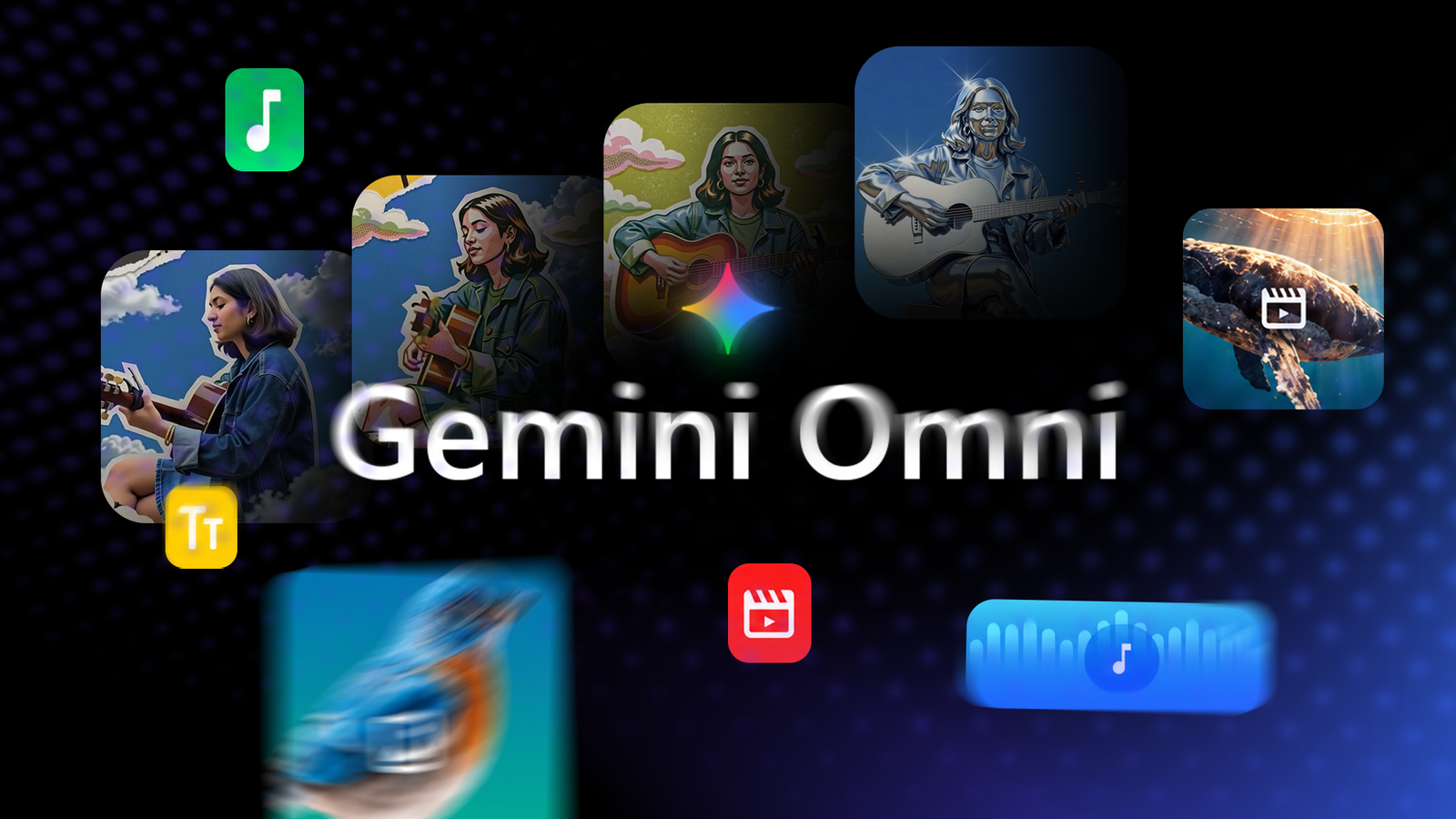 Uma mulher sentada em um sofá usando o telefone, cercada pelos logotipos do Gmail, Drive, Docs, YouTube e Gemini.