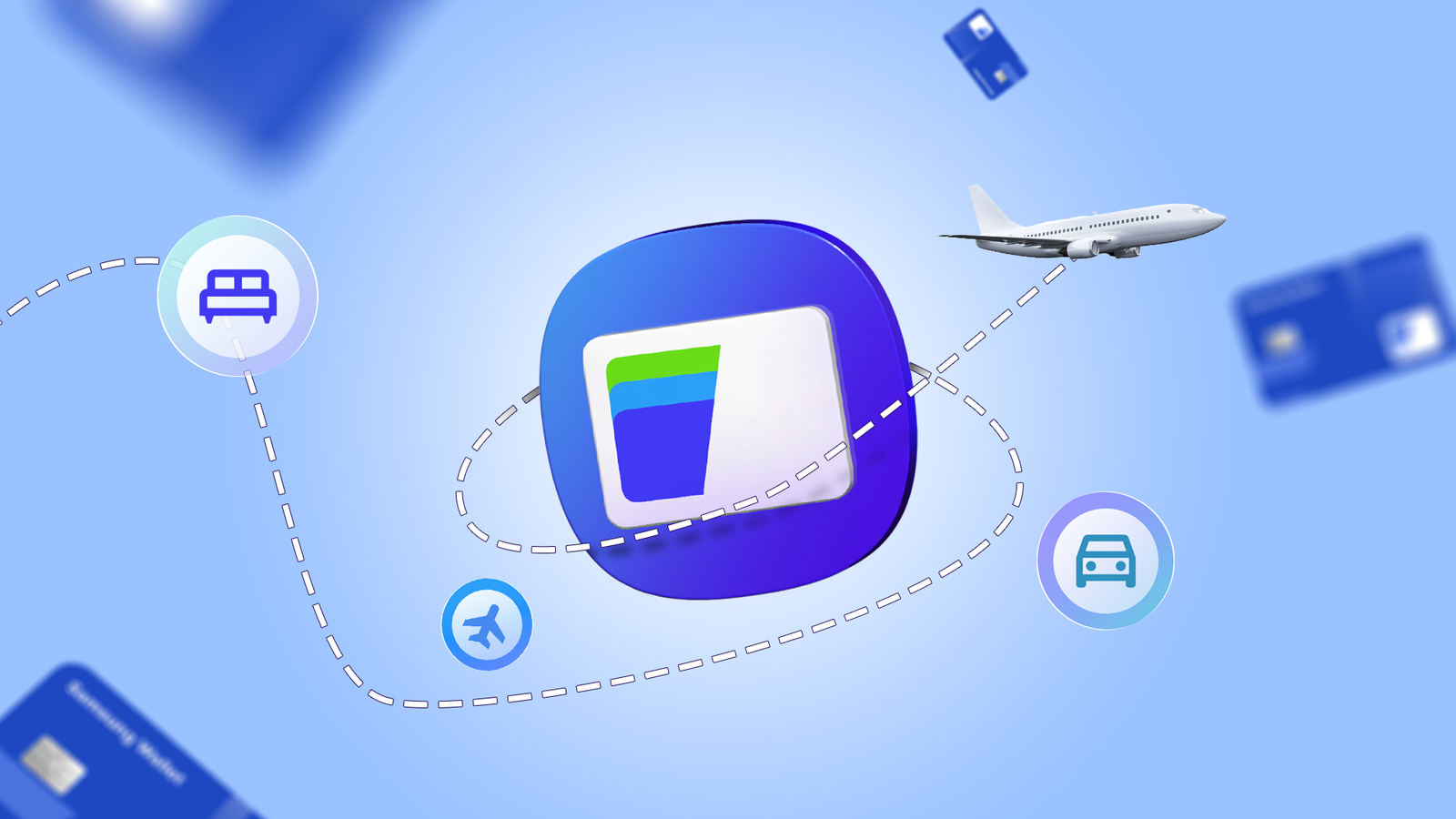 Uma superfície com o logótipo do Google Wallet junto ao logótipo do Samsung Wallet, rodeado por vários cartões de crédito.