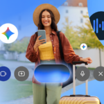 Ilustração mostrando o logotipo da Gemini no centro, cercado por ícones do Gmail, Docs, restaurante e viagens do Google.