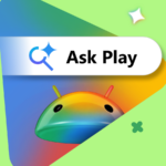 Colagem apresentando um smartphone executando a Google Play Store, cercado por mascotes do Android e pop-ups destacando os recursos