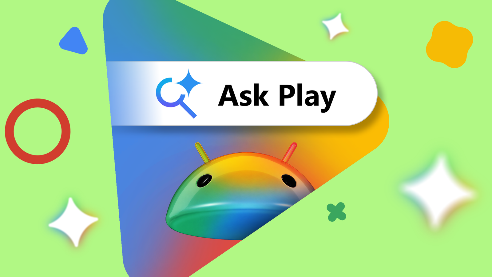 Colagem apresentando um smartphone executando a Google Play Store, cercado por mascotes do Android e pop-ups destacando os recursos