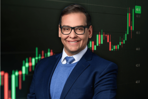 O ex-deputado George Santos retratado em frente a um gráfico de negociações financeiras em ascensão, ilustrando mercados de previsão, investigações de uso de informações privilegiadas, atividade de apostas Kalshi e crescente escrutínio regulatório dos mercados de eventos políticos.