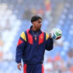 LA CORUNA, SPAIN - JUNE 04: Lamine Yamal of Spain looks on prior to the international friendly match between Spain and Iraq at Riazor Stadium on June 04, 2026 in La Coruna, Spain. (Photo by Florencia Tan Jun/Getty Images)