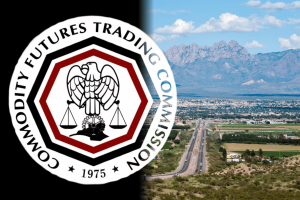 A CFTC processa o Novo México pelos mercados de previsão esportiva de Kalshi, com o logotipo da Commodity Futures Trading Commission e a paisagem do Novo México representando uma disputa regulatória federal.