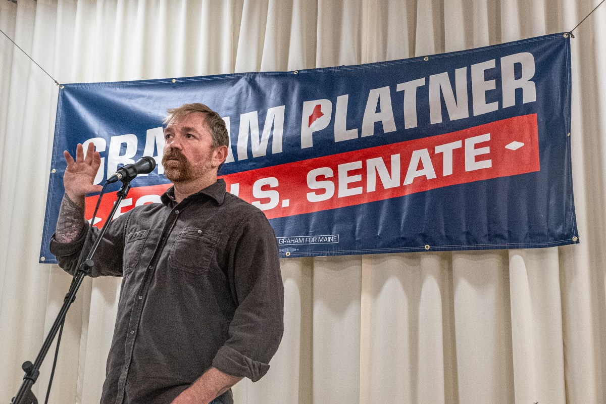 Democratic U.S. Senate candidate Graham Platner speaks to voters at a town hall at Elks Lodge 188 on June 7 in Portland, Maine. (Photo by Laura Brett/Getty Images)