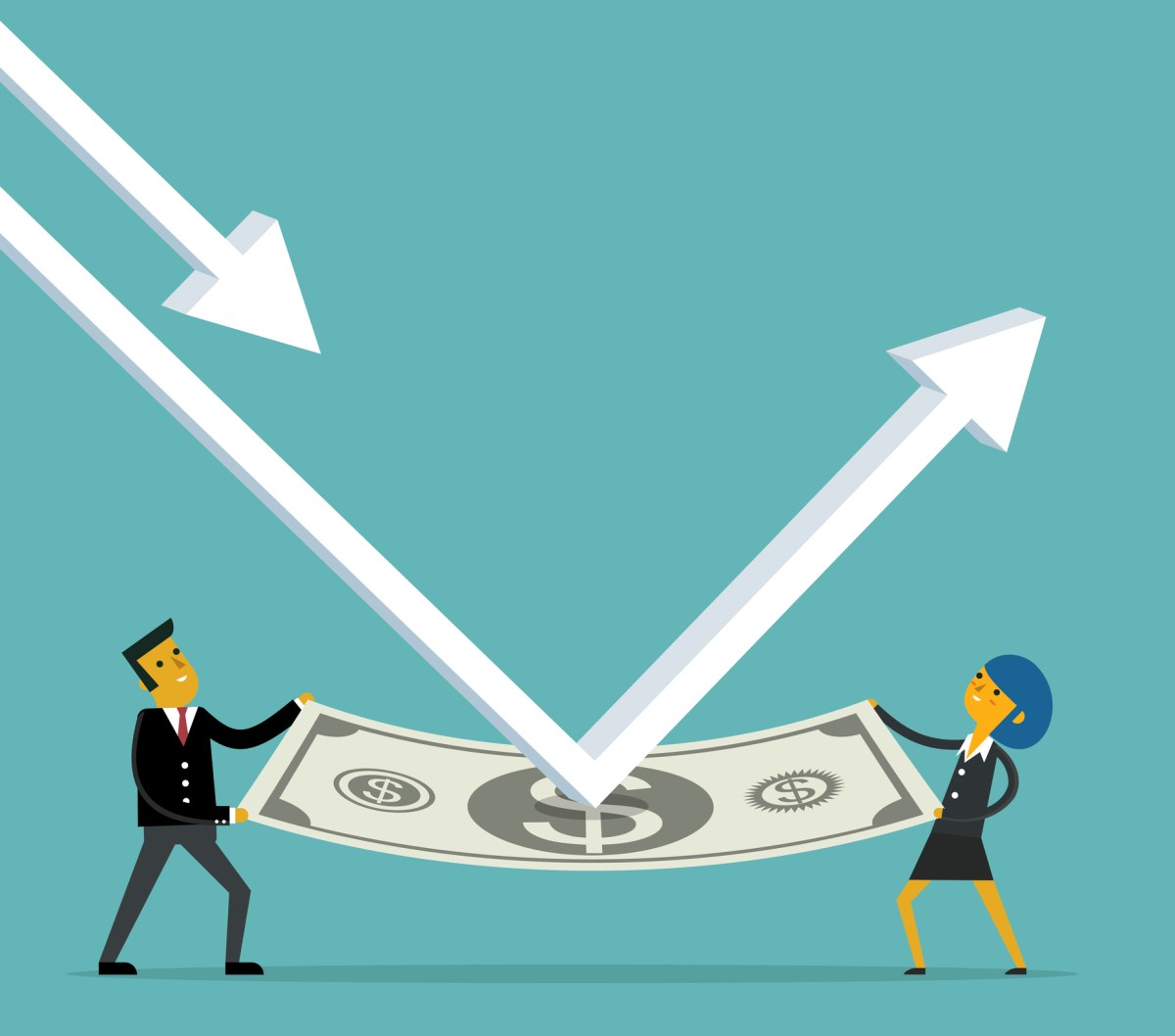 render of man and woman holding dollar bill, arrow deflecting off it