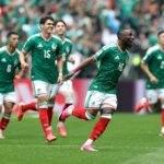 Julian Quinones #16 of Mexico, fourth from left, celebrates with teammates after scoring the team's first goal during the FIFA World Cup 2026 Group A match between Mexico and South Africa at Mexico City Stadium on Thursday in Mexico City, Mexico.