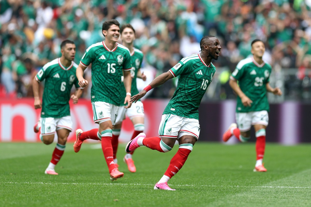 Julian Quinones #16 of Mexico, fourth from left, celebrates with teammates after scoring the team's first goal during the FIFA World Cup 2026 Group A match between Mexico and South Africa at Mexico City Stadium on Thursday in Mexico City, Mexico.