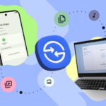 Ilustração de um Google Pixel e um telefone Samsung tocando juntos para compartilhar arquivos, com um grande ícone do Quick Share em primeiro plano.