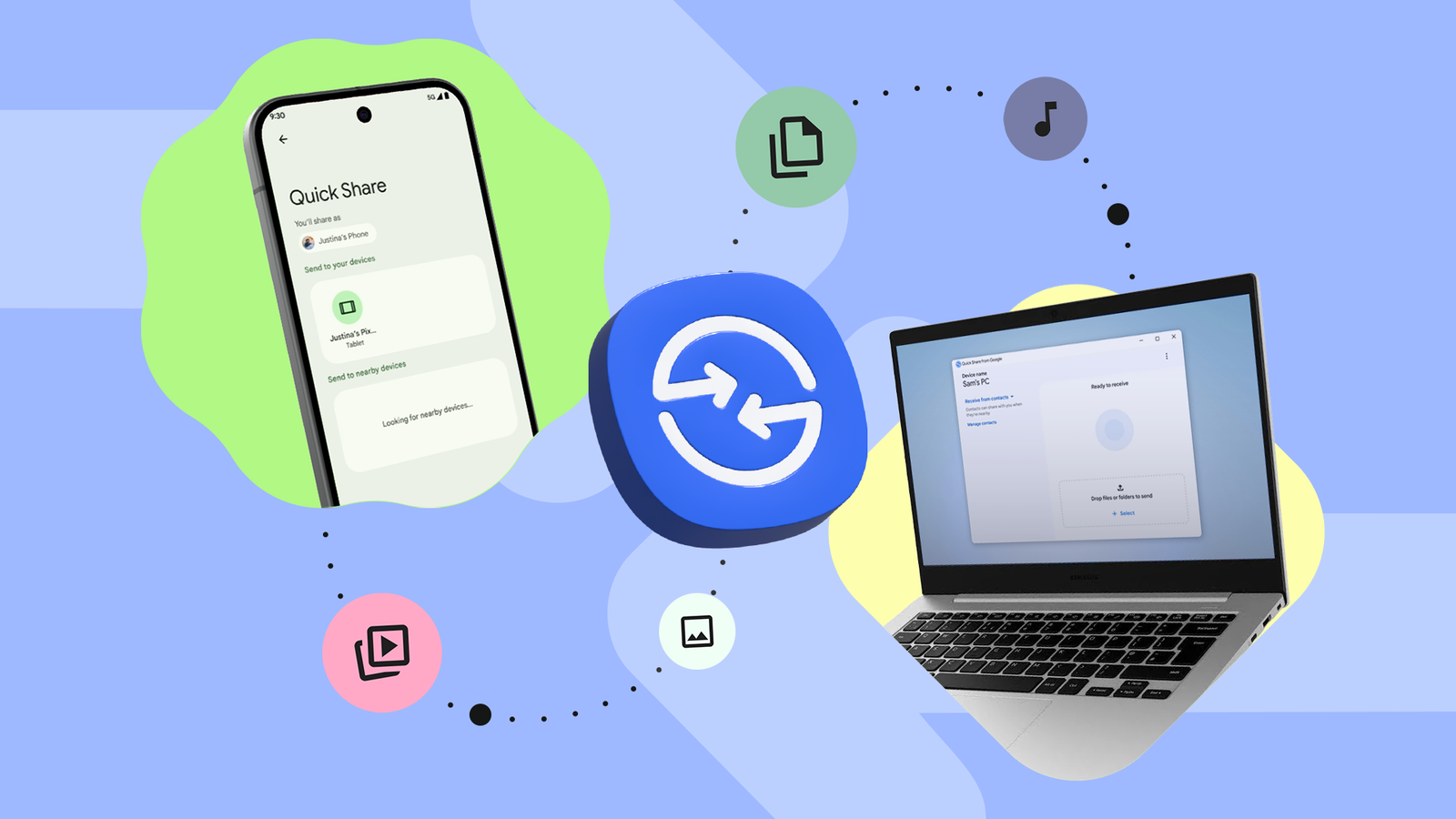 Ilustração de um Google Pixel e um telefone Samsung tocando juntos para compartilhar arquivos, com um grande ícone do Quick Share em primeiro plano.