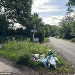 Homenagens florais no local da colisão de domingo na Ashwells Road em Pilgrims Hatch, Essex