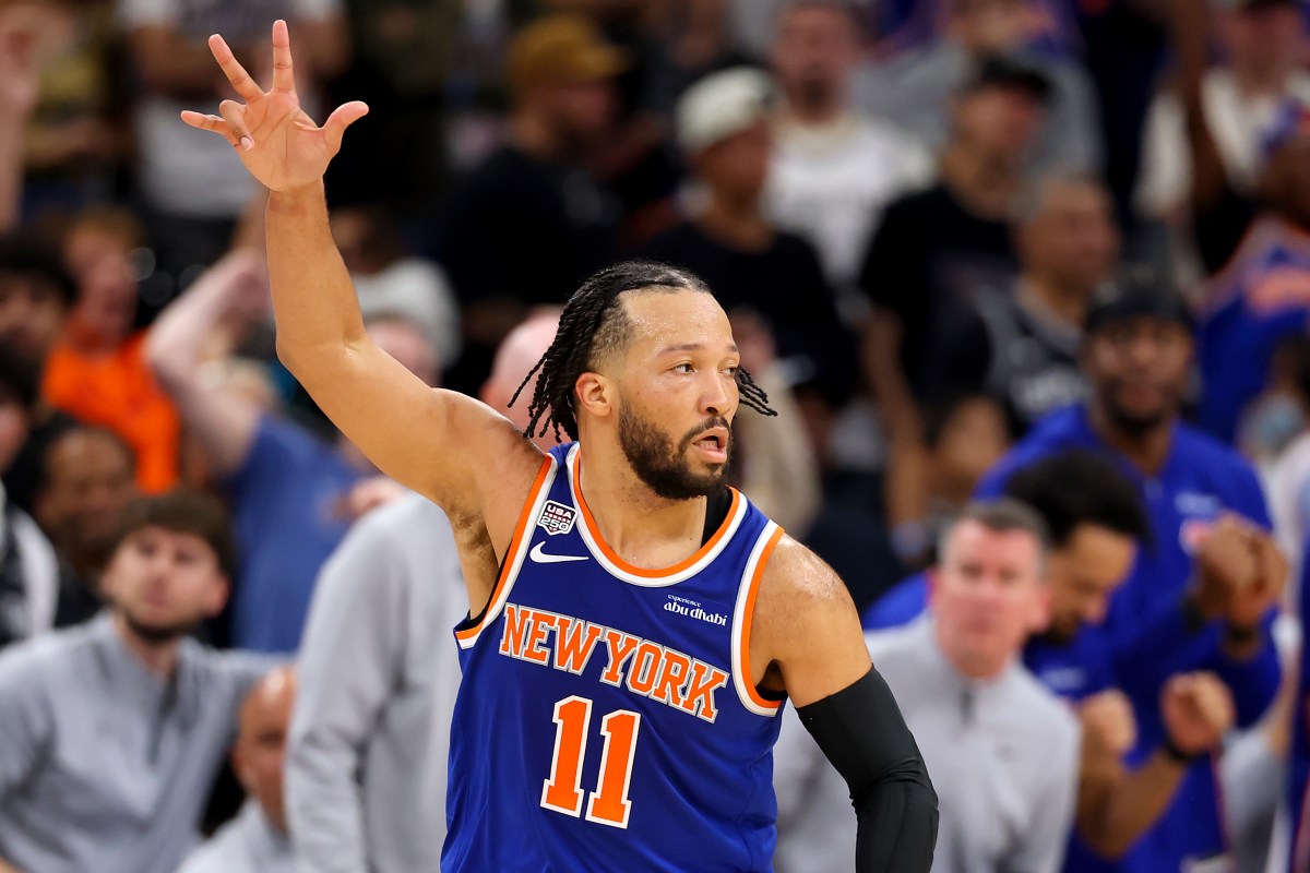 SAN ANTONIO, TEXAS - JUNE 13: Jalen Brunson #11 of the New York Knicks reacts after his made three-point basket against the San Antonio Spurs during the second quarter in Game Five of the 2026 NBA Finals at Frost Bank Center on June 13, 2026 in San Antonio, Texas. (Photo by Gregory Shamus/Getty Images)