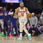 Jalen Brunson brings the ball up the court in 2026 NBA Playoffs game