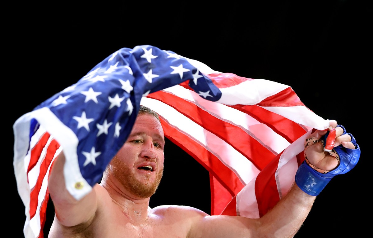 Justin Gaethje celebrates after winning main event fight against Ilia Topuria at UFC Freedom 250