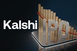 Imagem conceitual do Kalshi IPO apresentando o logotipo Kalshi ao lado de grandes letras IPO e um gráfico do mercado de ações, ilustrando relatórios de negociações do Kalshi IPO e previsão do crescimento da indústria do mercado.