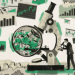 Ilustração de vigilância de mercado e detecção de informações privilegiadas, apresentando um microscópio e uma lupa examinando gráficos financeiros, dados do mercado de ações, gráficos de negociação e painéis analíticos, simbolizando supervisão regulatória, monitoramento de conformidade, avaliação de risco e prevenção de fraudes em previsões e mercados financeiros. Kalshi adiciona salvaguardas de conformidade em meio a preocupações contínuas com informações privilegiadas