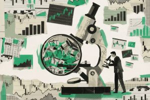 Ilustração de vigilância de mercado e detecção de informações privilegiadas, apresentando um microscópio e uma lupa examinando gráficos financeiros, dados do mercado de ações, gráficos de negociação e painéis analíticos, simbolizando supervisão regulatória, monitoramento de conformidade, avaliação de risco e prevenção de fraudes em previsões e mercados financeiros. Kalshi adiciona salvaguardas de conformidade em meio a preocupações contínuas com informações privilegiadas