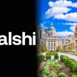 Logotipo da plataforma de mercado de previsão Kalshi ao lado do Indiana Statehouse em Indianápolis, ilustrando a disputa sobre supostas alegações de uso de informações privilegiadas envolvendo os mercados eleitorais políticos de Indiana. Kalshi nega investigação de bancos e Irlanda em Indiana em meio a escrutínio de informações privilegiadas